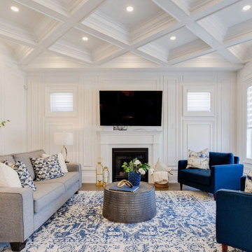 Wainscoting, baseboards, crown moulding, waffle ceilings