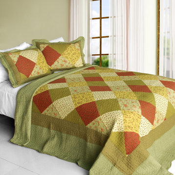 Green Fields Cotton 3PC Vermicelli-Quilted Striped Printed Quilt Set Full/Queen