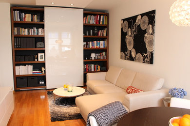 Living room - contemporary light wood floor living room idea in Other