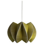 Ciara O'Neill - Vault Large Pendant Light, Olive - The Vault Large Pendant Light is inspired by the elegant ceiling supports found in church architecture. The material of this olive-coloured pendant lamp is pushed to its limits to create a dynamic sculptural form. When lit, its complex structure is further revealed as light filters through the ribbed elements with varying degrees of intensity. Using bespoke components and artisan production techniques, this pendant light is skillfully handcrafted from fluted polypropylene. It is produced in Ciara O'Neill's East London studio. Please note the long lead time is due to the fact that this product is handcrafted and made to order. This allows us to ensure that you receive a high-quality, personalised product.