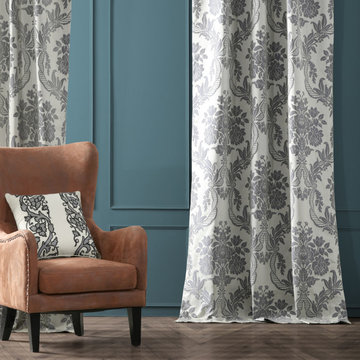 Magdelena Silver & Blue Designer Damask Curtain