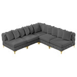 Meridian Furniture - Tremblay Modular Sectional, Grey, L-Shaped, 5-Piece: Armless (4), Corner (1) - Lean back and relax on this Tremblay sectional. Featuring soft grey velvet upholstery with deep button tufting, this sectional adds a bold touch to any living space. A complete set of gold and chrome legs are included, so you can change it up to suit your home decor. This sectional is modular, so you can create infinite configurations with it, which are easily attached using the latch underneath the frame. Its contemporary design is perfect for the modern home.