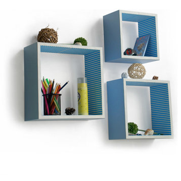 Powder Blue Square Leather Wall Shelf / Bookshelf / Floating Shelf (Set of 3)