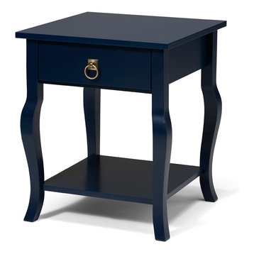 Lillian Wood Side Table With Curved Legs, Drawer and Shelf, Navy Blue