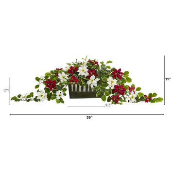 39" Poinsettia and Variegated Holly Faux Plant, Decorative Planter, Real Touch