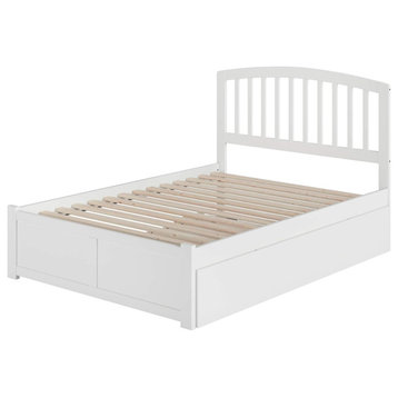 Traditional Full Size Platform Bed, Slatted Headboard With Trundle, White