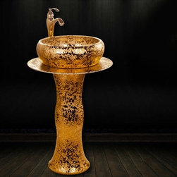 Roman Ceramic Bathroom Sink Set with Gold Faucet - Bathroom Sinks