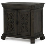 Magnussen - Magnussen Bellamy Bachelor Door Chest in Peppercorn - Warm and inviting like an old French friend, Bellamy welcomes with European inspired styling in a unique Peppercorn finish and matte black pewter accented hardware. Scrolling open woodwork adorns the well appointed media chest doors while roomy dressers and chests feature rounded corners atop rounded bun feet. A plethora of bed options offer upholstered tufted headboards, storage footboards, panel headboards and gorgeous shaped panels with or without sumptuous scrolled design work for a Chateau feel for any taste.