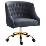 Meridian Furniture - Arden Swivel and Adjustable Velvet Upholstered Office Chair, Gray, Gold Base - Stay cozy and comfortable at work while expressing your definitive modish tastes with this Arden Velvet Office Chair. This sumptuously appointed chair features soft grey velvet upholstery with svelte button tufting and a rich gold base, ensuring that it garners more than its fair share of oohs and aahs, no matter who's admiring it. This contemporary office chair swivels to allow for expanded functionality, and it's adjustable, so you can customize the chair's position to meet your sitting preferences.