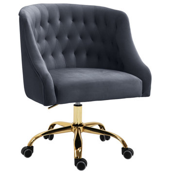 Arden Swivel and Adjustable Velvet Upholstered Office Chair, Gray, Gold Base