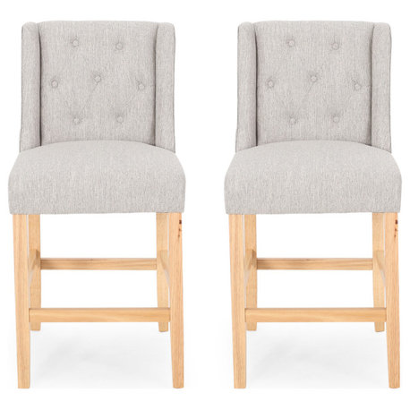 Katherine Button Tufted Fabric Wingback Counterstool, Set of 2, Light Gray/Natural