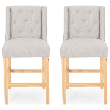 Katherine Button Tufted Fabric Wingback Counterstool, Set of 2, Light Gray/Natural