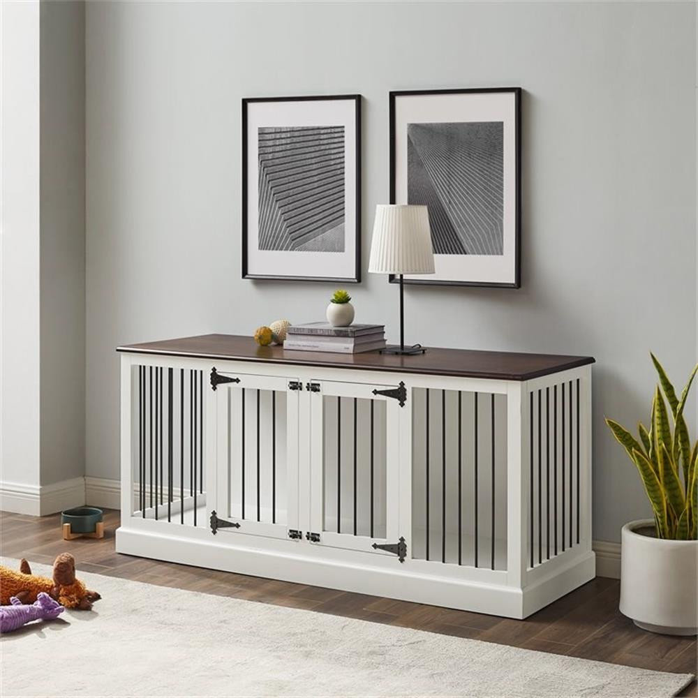 View of Crosley Furniture Winslow Wood Medium Credenza Pet Crate in White/Brown ...