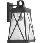 Progress Lighting - Creighton 1-Light Large Wall Lantern, Black - A cottage-inspired outdoor large wall lantern with a tapered cage. Creighton features clear water glass clear and Black finish. The frame's linear details are riveted to enhance mechanical detailing of the fixture. Wall, post and hanging lantern options available. Black finish.