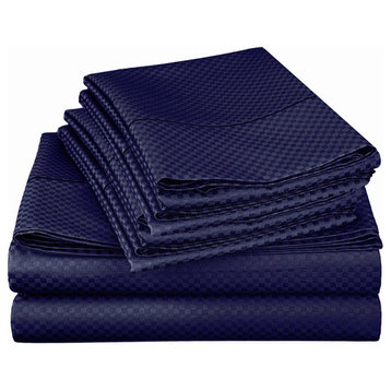 Checkered Collection Embossed 4 Piece Set, 1800 Series Bed Sheets, Navy Blue, Ki