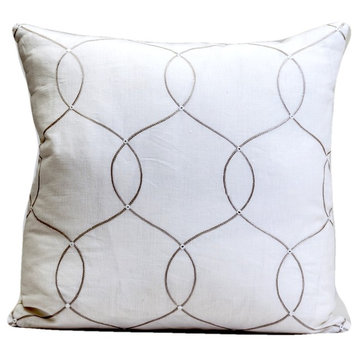 Designer Pillow Cover, Embroidered Ogee, White, 24"x24"