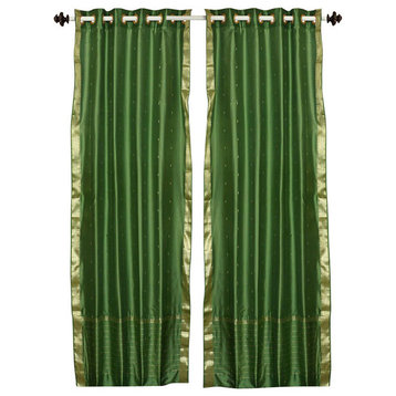 Lined-Forest Green Ring Top  Sheer Sari Curtain / Drape  - 43W x 108L - Piece