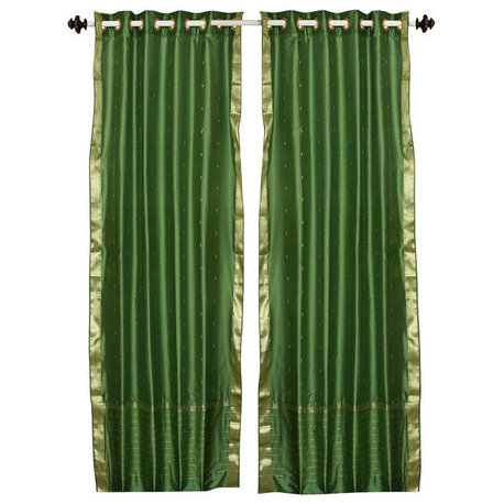 Lined-Forest Green Ring Top  Sheer Sari Curtain / Drape  - 43W x 108L - Piece