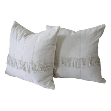 Pair of off White African Mudcloth Pillows with Original Fringe Accents