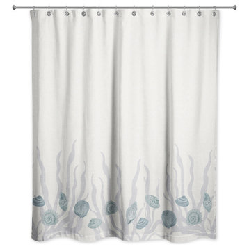 Blue Shell and Blue Coral Border on White 71 x 74 Shower Curtain