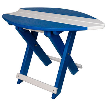 Folding Surfboard Accent Table, Portable Nautical Board, Bright Blue and White
