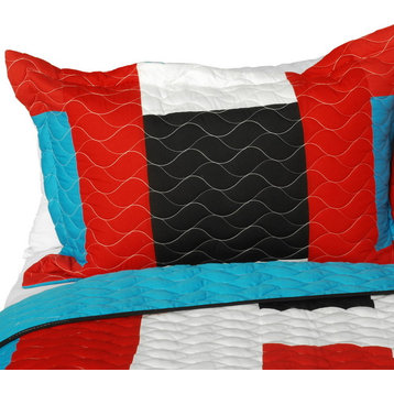 Vital Vibrations 3PC Vermicelli-Quilted Patchwork Geometric Quilt Set Full/Queen