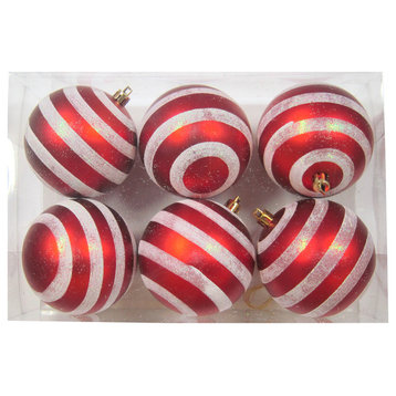 6-Pack Red And White Ball Ornament With Line Design