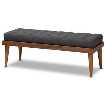 Linus Mid-Century Modern Dark Gray and Button Tufted Wood Bench