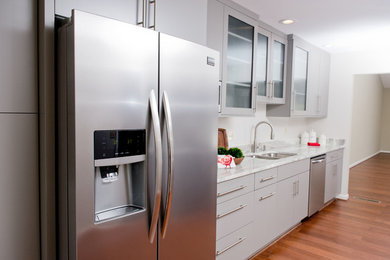 Enclosed kitchen - small contemporary galley medium tone wood floor and brown floor enclosed kitchen idea in Other with a double-bowl sink, flat-panel cabinets, gray cabinets, quartzite countertops, stainless steel appliances, no island and gray countertops