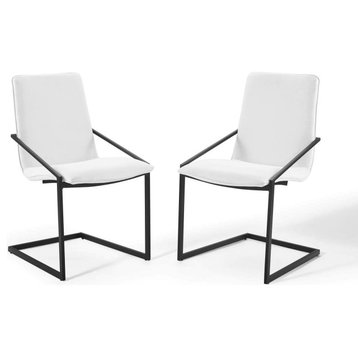 Set of 2 Dining Chair, Matte Black Stainless Steel Frame and White Fabric Seat