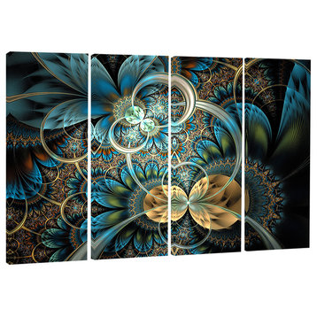 "Symmetrical Blue Gold Fractal Flower" Digital Wall Art, 4 Panels, 48"x28"