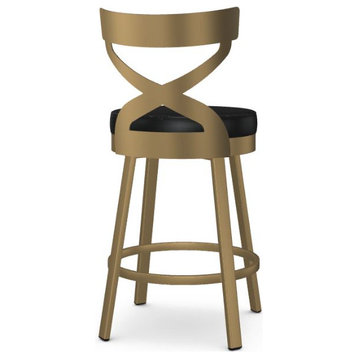 Sculpted Back Gold Frame Faux Leather Seat Swivel Stool, Gold, Black, Counter
