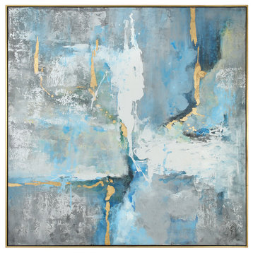Oversize Abstract Gold Gray Blue White Modern Art Painting, 61" Square Framed
