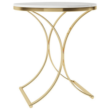 Modern Luxurious Round White Marble Stone Side Table X-Base End Table, White