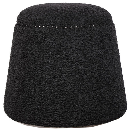 Glam Modern Gumdrop Shape Black Faux Shearling Stool Plush Ottoman Round Soft