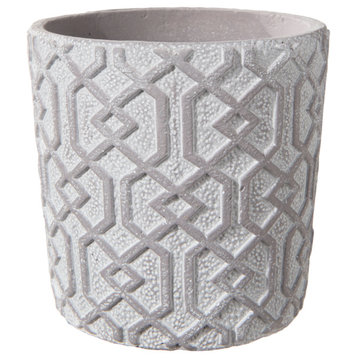 Round Cement Pot with Embossed Interlocking Design Washed White Finish, Small