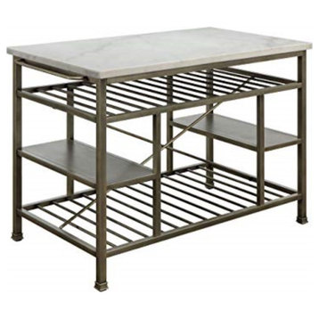 Contemporary Kitchen Island, Antique Pewter Metal Frame With Faux Marble Top