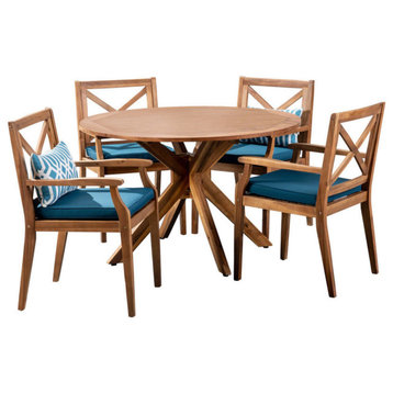 GDF Studio 5-Piece Jordan Outdoor Acacia Wood Dining Set, Teak Finish/Blue