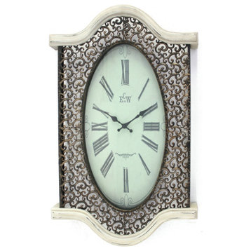 Wall Clock With Scalloped Wooden Top And Bottom, White