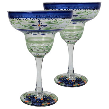 Blue Floral Margarita Glasses, Set of 2
