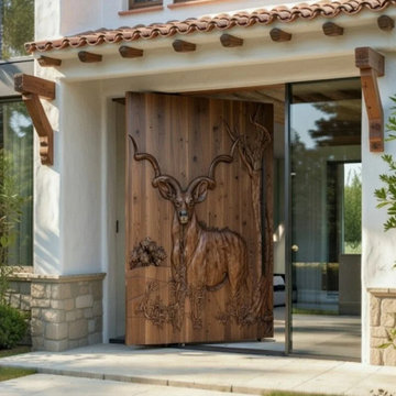Bespoke Hand-Carved Black Walnut Kudu Pivot Door