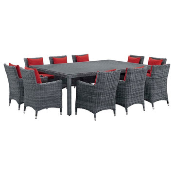 Modern Outdoor Side Dining Chair and Table Set, Sunbrella Rattan Wicker, Red