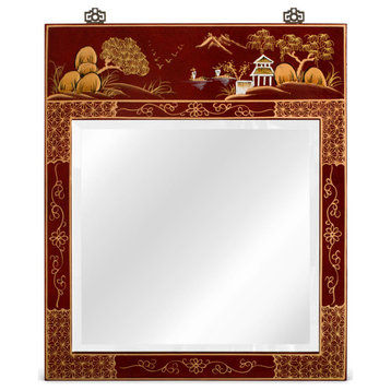 Red Lacquer Chinoiserie Scenery Motif Chinese Vertical Mirror