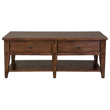 Traditional Coffee Table, Rectangular Open Shelf & 2 Drawers, Rustic Brown Oak