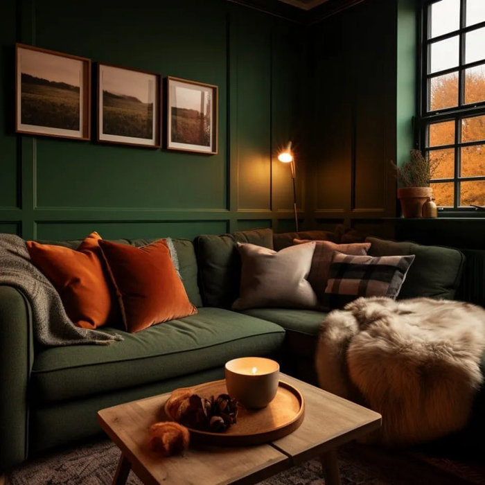 Green colour drenched living room