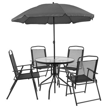 Nantucket 6-Piece Patio Garden Set With Table, Umbrella and 4 Chairs, Black