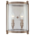 Hudson Valley Lighting - Mansfield, Two Light Wall Sconce, Antique Nickel Finish, Clear Glass Shade - Visitors to Versailles are eased into the palace through bare limestone foyers in a clean neoclassic style. The only hint of the incomparable lavishness that lies ahead comes from a series of shining, barrel-shaped brass lanterns, crowned with curvaceous bell tops. Best appreciated in the round, our Mansfield collection faithfully reproduces the memorable fixtures that still usher guests into the regal splendor of France's premier ch teau.