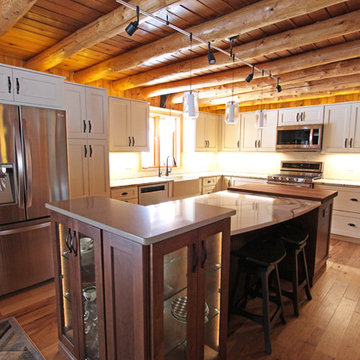 Log Cabin Rustic White Kitchen Cabinets with Granite and Wood Countertops