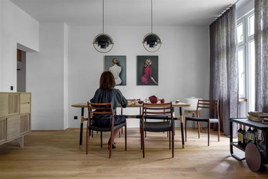 Inspiration for a mid-sized mid-century modern medium tone wood floor and brown floor great room remodel in Berlin with white walls