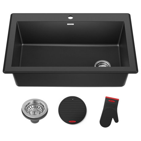 Forteza 33" Drop-In Undermount Granite Composite 1-Bowl Kitchen Sink, Black